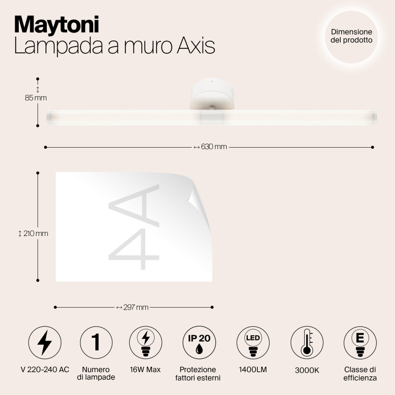 Бра 60 см, 16W, 3000K, Maytoni Axis MOD106WL-L16W3, белый