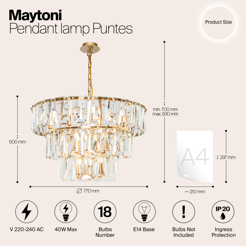 Подвесная люстра Maytoni Puntes MOD043PL-18G, диаметр 77 см, золото