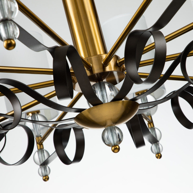 Подвесная люстра Favourite Opera 2994-10P, D980*H685/1680, латуни, декоративные металлические ленты темно-коричневого цвета, декоративные стеклянные шары на рожках, плафоны из ткани белого цвета