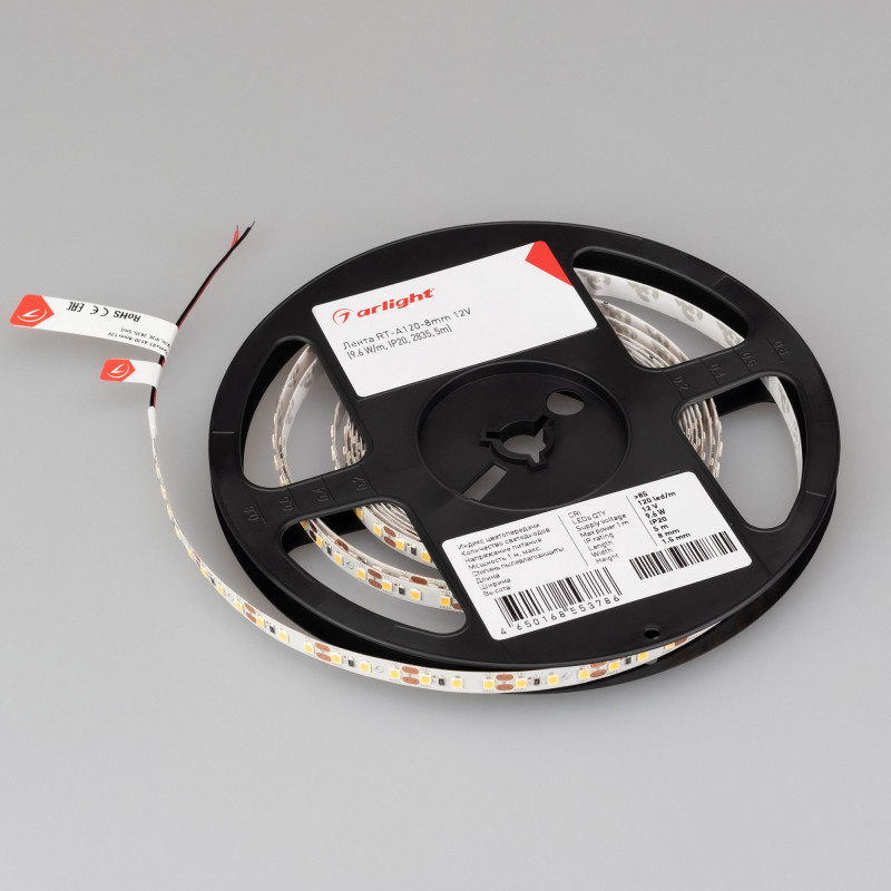 Лента RT-A120-8mm 12V Day4000 (9.6 W/m, IP20, 2835, 5m) (Arlight, Открытый) 012341(2). Цена указана за 5 метров. Продается кратно 5 метрам.