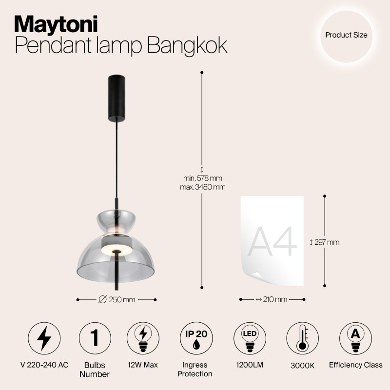 Подвесной светильник  25*57,8 см, LED 1 12W, 3000К, Черный Maytoni Bangkok MOD185PL-L6B3K5