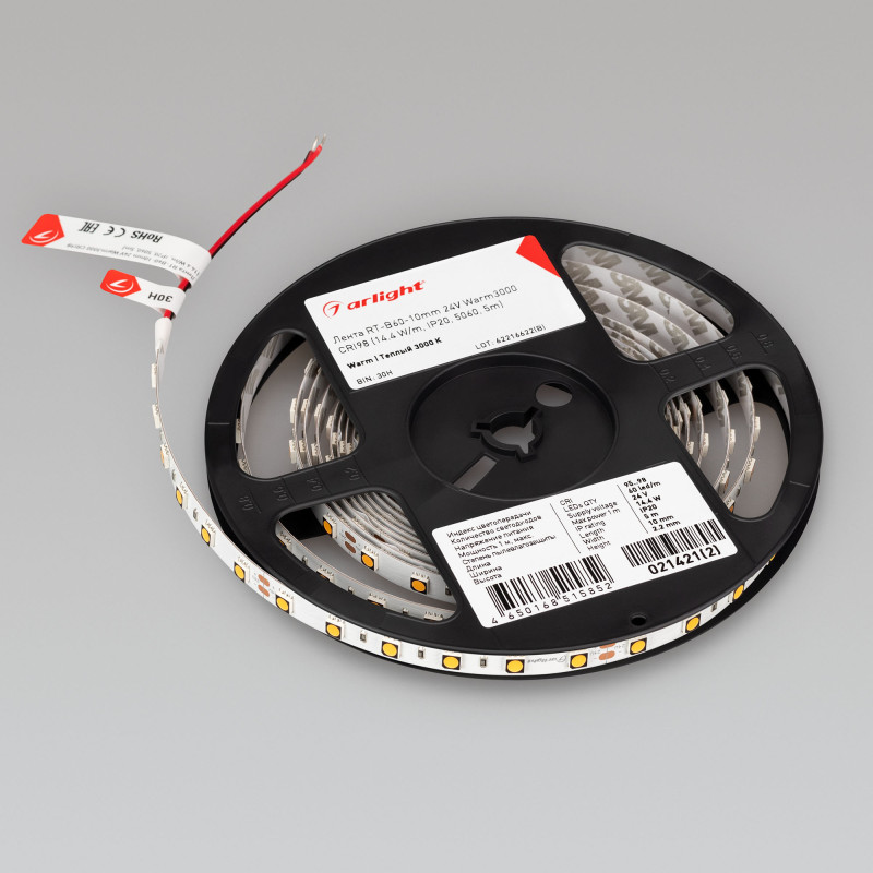 Лента RT-B60-10mm 24V Warm3000 CRI98 (14.4 W/m, IP20, 5060, 5m) (Arlight, Открытый) 021421(2). Цена указана за 5 метров. Продается кратно 5 метрам.