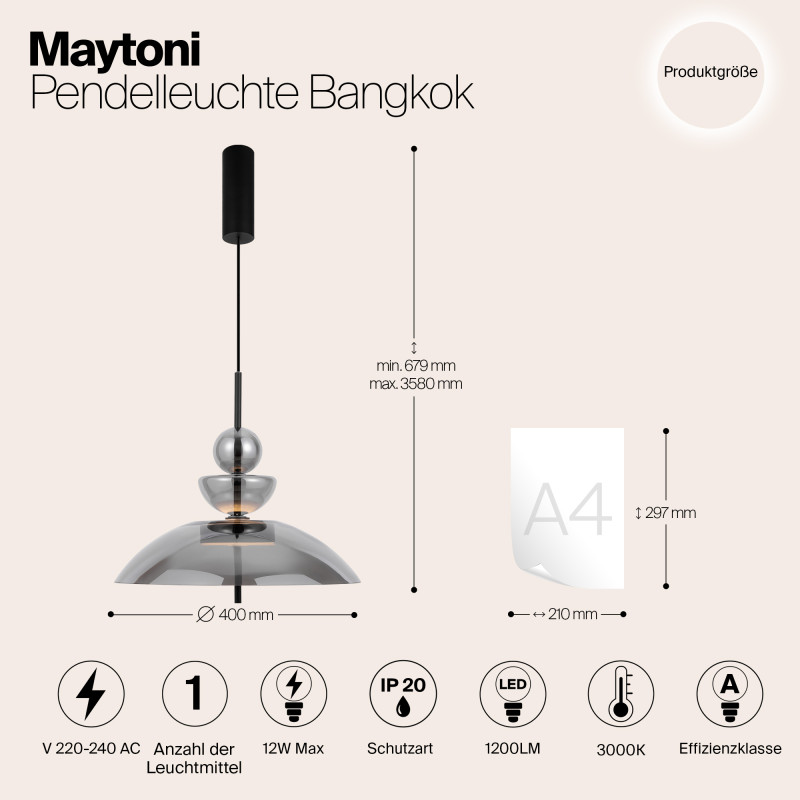 Подвесной светильник  40*67,9 см, LED 1 12W, 3000К, Черный Maytoni Bangkok MOD185PL-L6B3K6