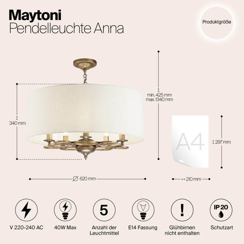 Подвесная люстра Maytoni Anna H007PL-05G, кремовый, диаметр 62см