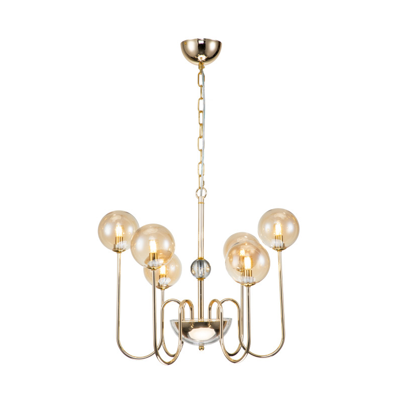 Подвесная люстра Favourite Ariel 2999-6P, D540*H530/1500, золотой гальваники, на центральном штоке декор в виде стеклянного шара, выдувные плафоны янтарного цвета