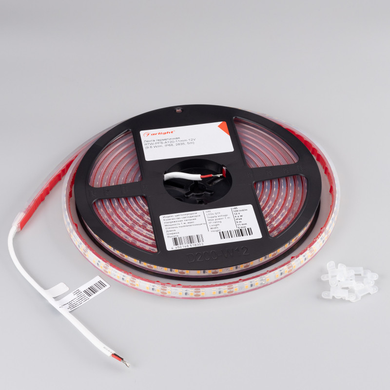 Лента герметичная RTW-PFS-A120-11mm 12V Day4000 (9.6 W/m, IP68, 2835, 5m), Arlight 034002. Цена указана за 5 метров. Продается кратно 5 метрам.