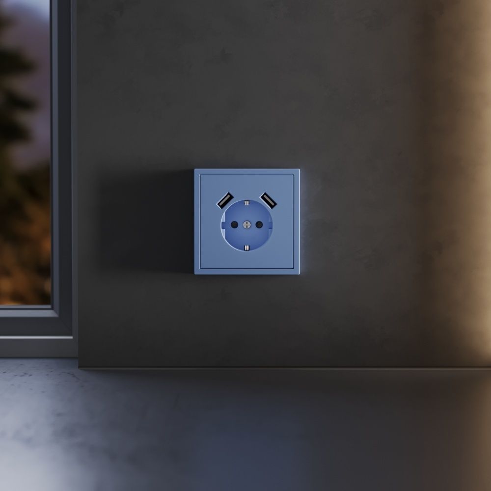 Накладка для розетки с заземлением и защитными шторками, с USB A+A, S70, деним Voltum VLS000915