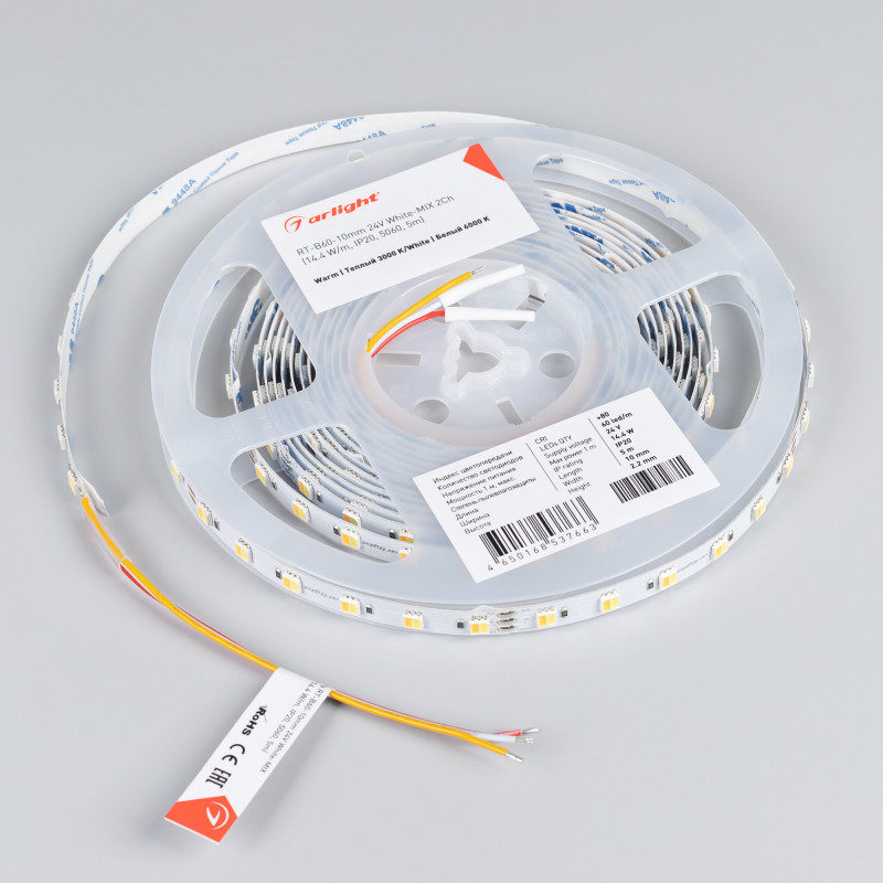Лента RT-B60-10mm 24V White-MIX 2Ch (14.4 W/m, IP20, 5060, 5m) (Arlight, Изменяемая ЦТ) 025214(1). Цена указана за 5 метров. Продается кратно 5 метрам.