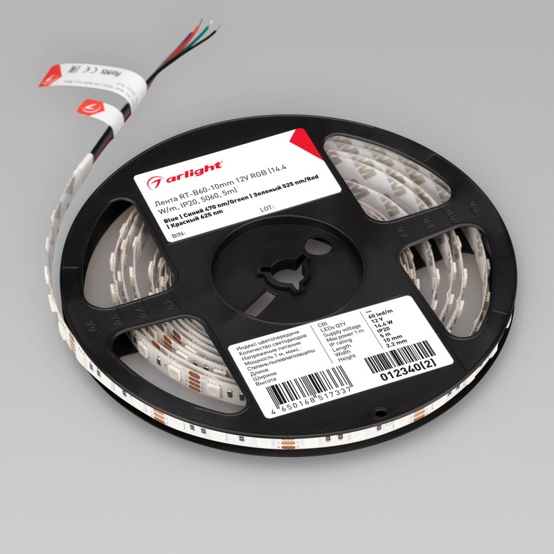 Лента RT-B60-10mm 12V RGB (14.4 W/m, IP20, 5060, 5m) (Arlight, Открытый) 012340(2). Цена указана за 5 метров. Продается кратно 5 метрам.