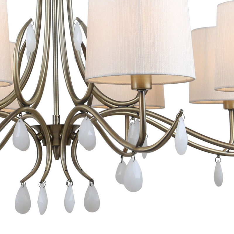 Подвесная люстра Favourite Castellum 2769-8P, D1010*H630/1630, античная латунь, плафоны из ткани кремового цвета, декоративные элементы в виде подвесок из белого стекла