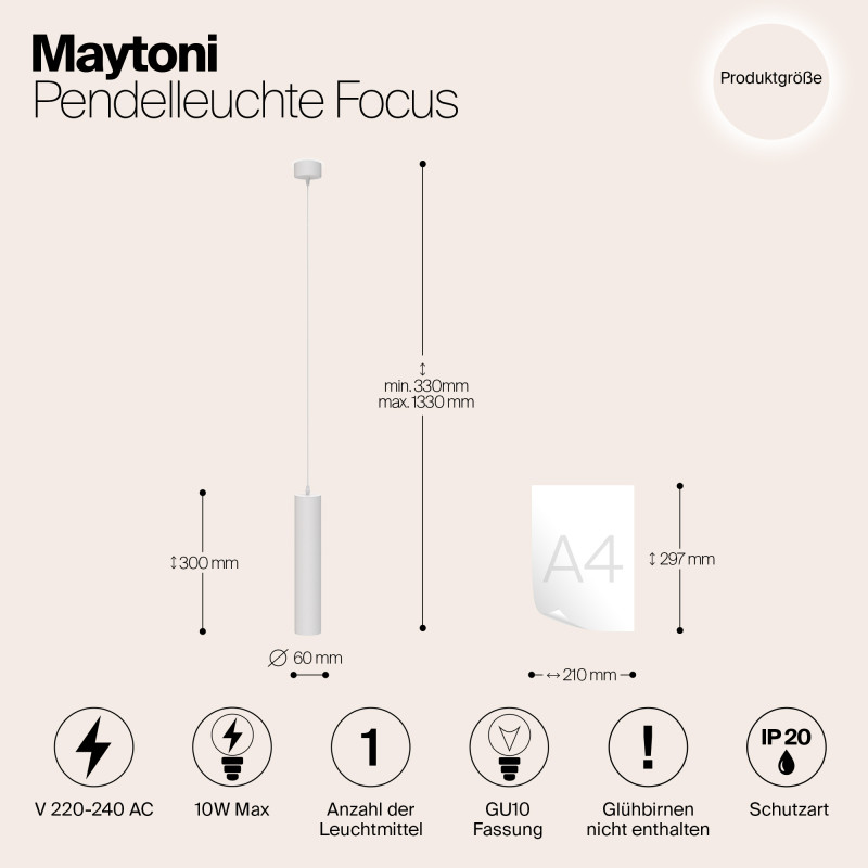 Подвесной светильник 6*33-133 см, GU10, 1-2 м2 Maytoni Technical Focus P075PL-01W белый
