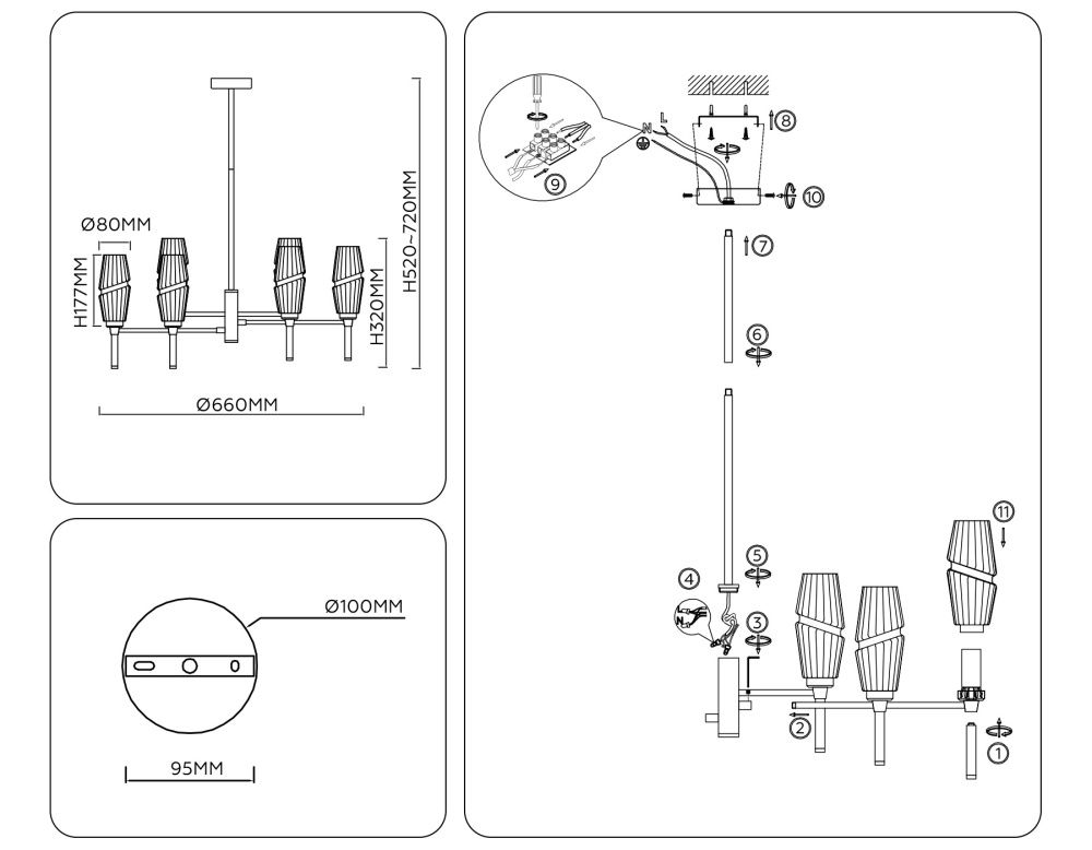 Люстра на штанге **52- см, 6*E14*40W, K, Ambrella Light High Light LH55201, латунь