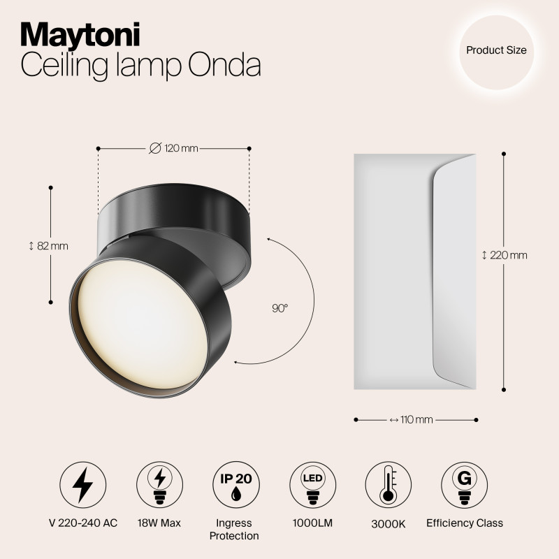 Светильник 12*12 см, LED 18W, 3000K Maytoni Onda C024CL-L18B черный