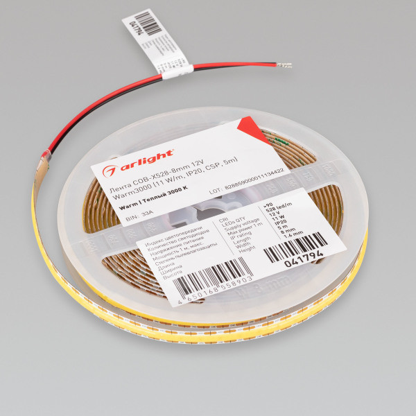 Лента COB-X528-8mm 12V Warm3000 (11 W/m, IP20, CSP, 5m), Arlight 041794. Цена указана за 5 метров. Продается кратно 5 метрам.