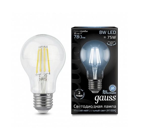 102802208 Лампа Gauss Filament А60 8W 780lm 4100К Е27 LED 1/10/40