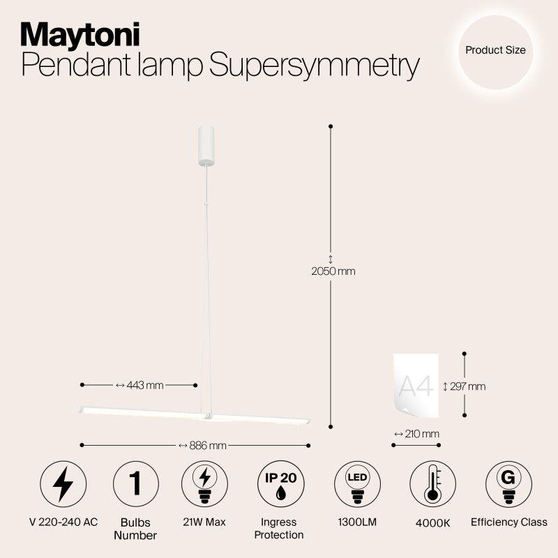Подвесной светильник  4*4*88,6 см, LED 1 21W, 4000К, Белый Maytoni Supersymmetry P096PL-L11WK1