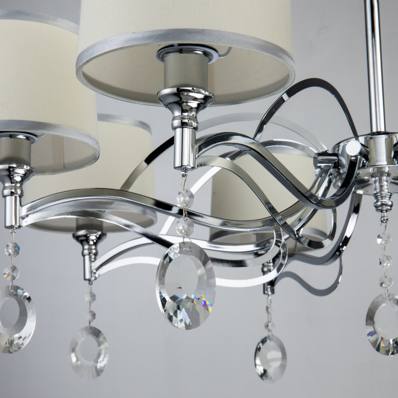 Подвесная люстра Favourite Semina 2707-8P, D930*H430/1430, хром, абажуры из белой ткани с серебряной тесьмой, декоративные элементы из прозрачного хрусталя