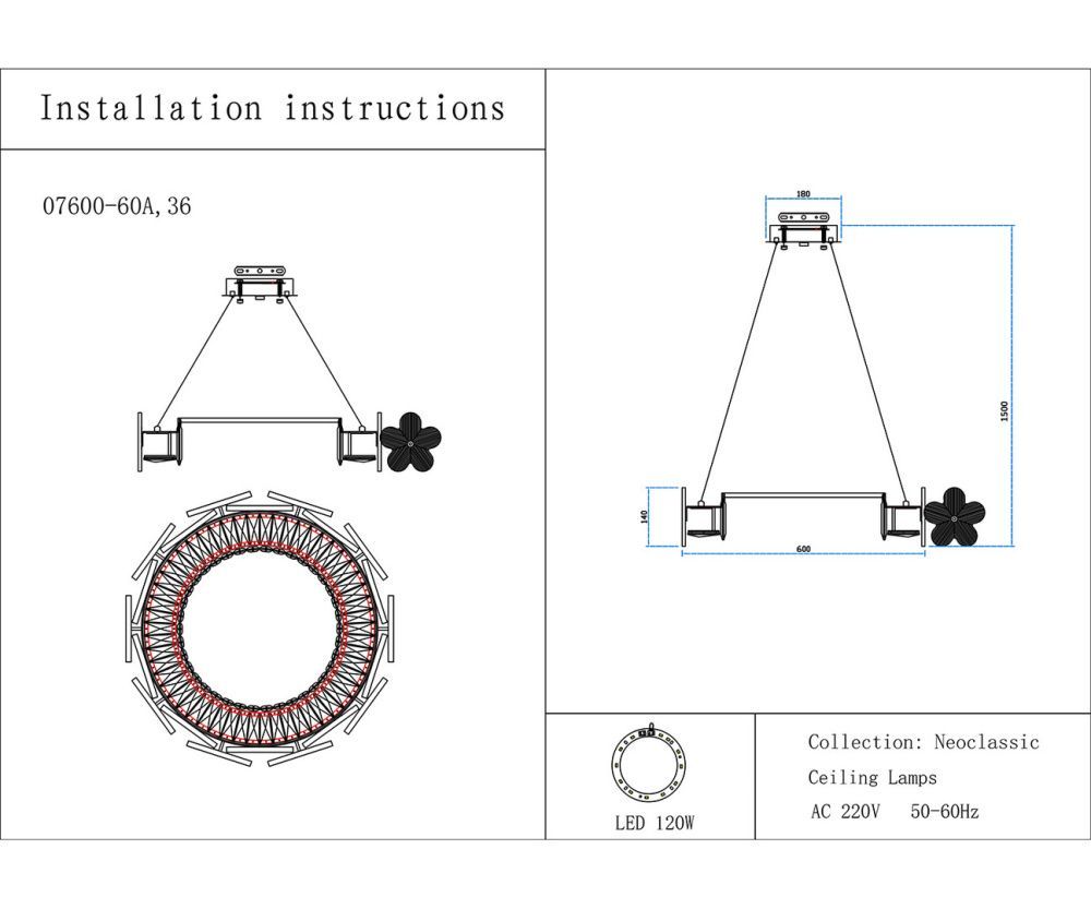Подвесная люстра 60 см, 120W, 3000K, 24 м2 Kink Light Лиона 07600-60A,36, латунь