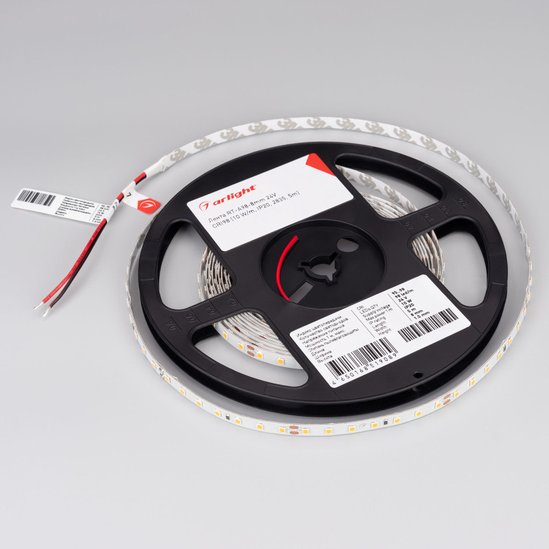 Лента RT-A98-8mm 24V Warm2700 CRI98 (10 W/m, IP20, 2835, 5m) (Arlight, Открытый) 027937(2). Цена указана за 5 метров. Продается кратно 5 метрам.