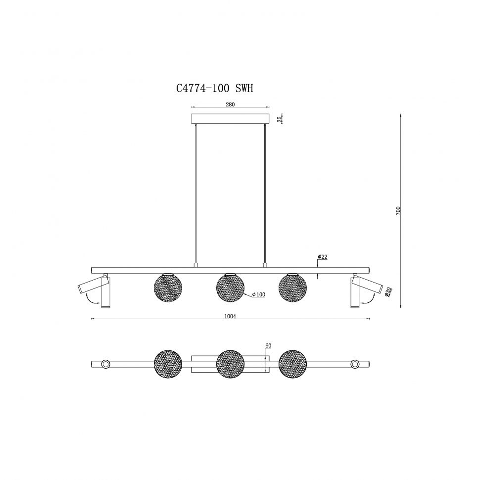 Подвесной светильник 100**15-150 см, LED*22W, 3000K, iLedex Telescope C4774-100 SWH, Белый