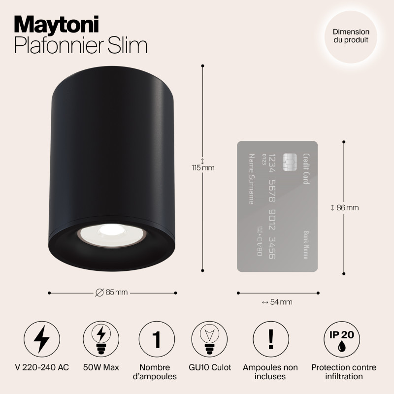 Светильник 8,5*8,5 см, GU10 50W, Maytoni Alfa C012CL-01B, черный