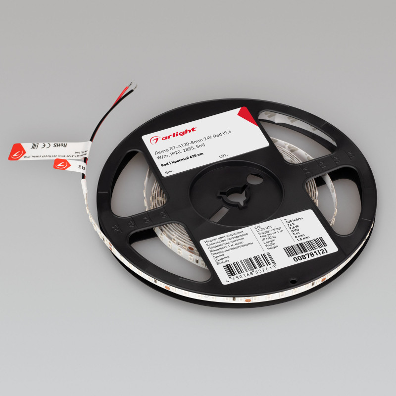 Лента RT-A120-8mm 24V Red (9.6 W/m, IP20, 2835, 5m) (Arlight, 9.6 Вт/м, IP20) 008781(2). Цена указана за 5 метров. Продается кратно 5 метрам.