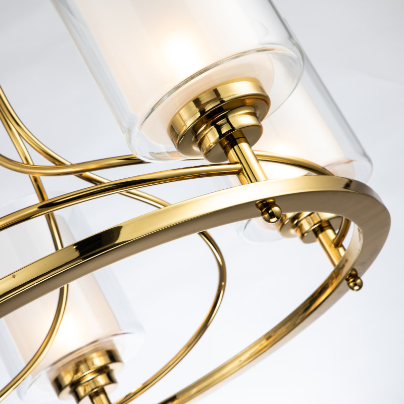 Подвесная люстра Favourite Plexus 2963-5P, D690*H500/1500, каркас золотого цвета, внутренние плафоны из белого стекла, внешние плафоны из прозрачного стекла