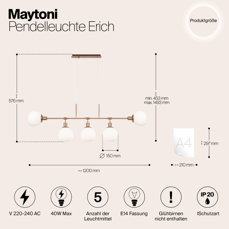 Светильник подвесной Maytoni Erich MOD221-PL-05-G, белый/золото