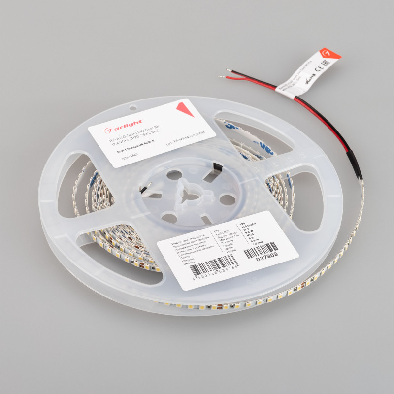 Лента RT-A160-5mm 24V Cool 8K (9.6 W/m, IP20, 2835, 5m) (Arlight, Открытый) 037808. Цена указана за 5 метров. Продается кратно 5 метрам.