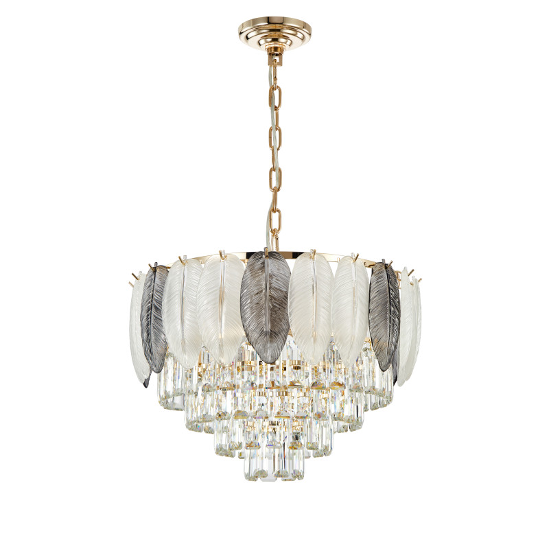 Подвесная люстра Favourite Dolor 2982-9P, D510*H380/1380, золотой гальваники, декоративные лепестки из белого и серого стекла, хрусталь оригинальной прямоугольной формы высшего качества