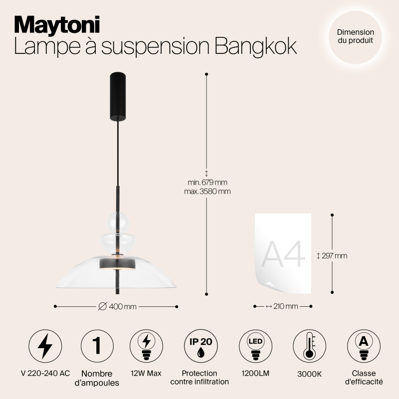 Подвесной светильник  40*67,9 см, LED 1 12W, 3000К, Черный Maytoni Bangkok MOD185PL-L6B3K3