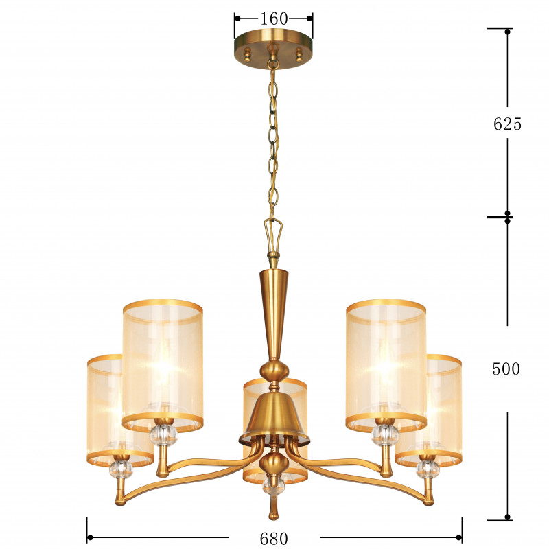 Подвесная люстра Favourite Laguna 2697-5P, D680*H500/1125, античной латуни, абажуры из органзы цвета шампанского, декоративные элементы из прозрачного стекла, люстру можно монтировать как плафонам