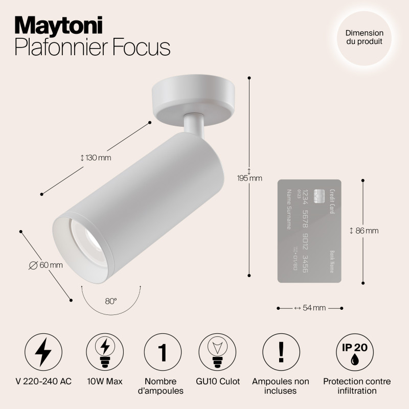 Светильник 6,5*6,5 см, GU10 50W, Maytoni Focus C017CW-01W, белый