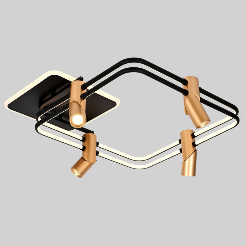 Потолочный светильник Favourite Cosmical 4070-4U, L600*W600*H210, потолочный светильник черного цвета в  сочетании с золотыми поворотными спотами на каркасе, встроенные ленты LED по периметру. Пульт управления цветом