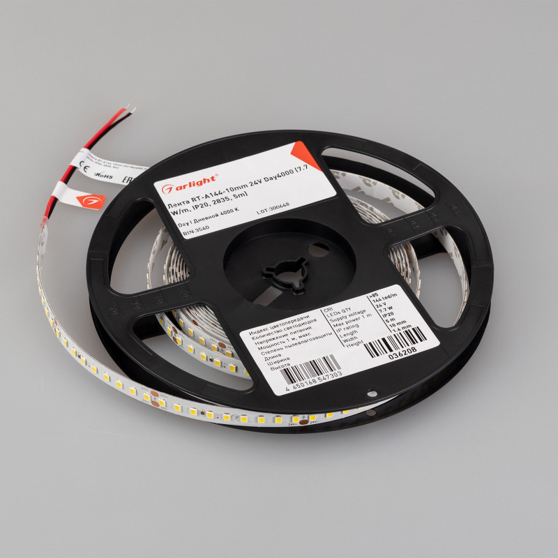 Лента RT-A144-10mm 24V Day4000 (7.7 W/m, IP20, 2835, 5m) (Arlight, высок.эфф.200 лм/Вт) 036208. Цена указана за 5 метров. Продается кратно 5 метрам.