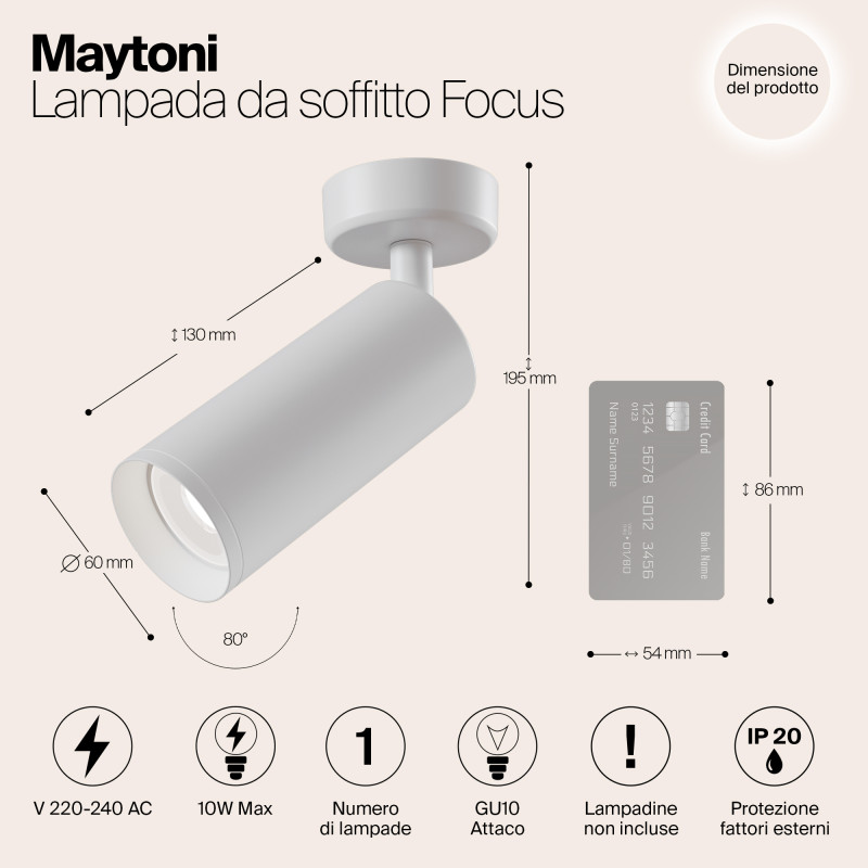Светильник 6,5*6,5 см, GU10 50W, Maytoni Focus C017CW-01W, белый