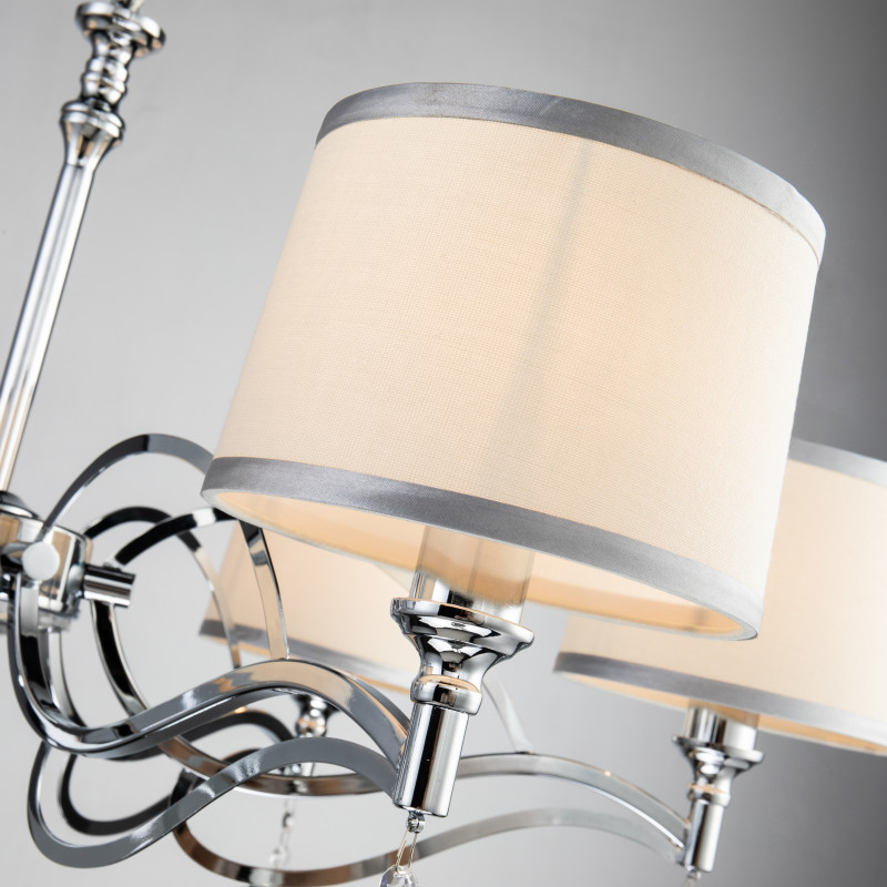 Подвесная люстра Favourite Semina 2707-6P, D840*H430/1430, хром, абажуры из белой ткани с серебряной тесьмой, декоративные элементы из прозрачного хрусталя