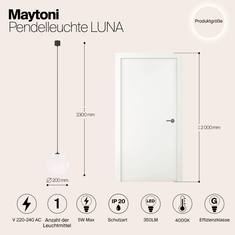 Светильник 20 см, 5W, 4000K, Maytoni Luna P039PL-5W4K-20-B, черный