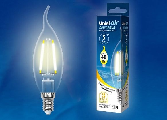 Лампа светодиодная E14, 4W=40W, 3000К диммируемая теплый свет свеча на ветру Uniel LED-CW35-5W/WW/E14/CL/DIM