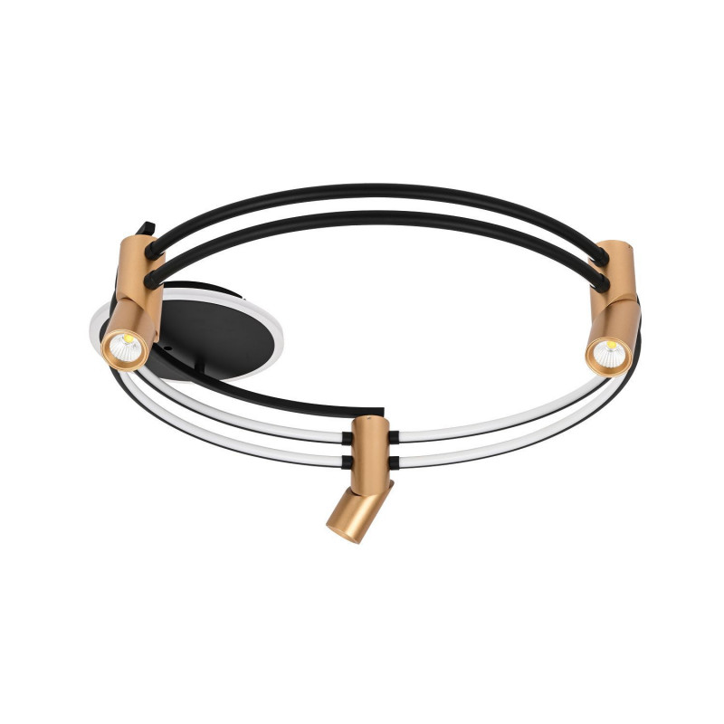 Потолочный светильник Favourite Cosmical 4071-3U, L680*W600*H210, потолочный светильник черного цвета в  сочетании с золотыми поворотными спотами на каркасе, встроенные ленты LED по периметру. Пульт управления цветом