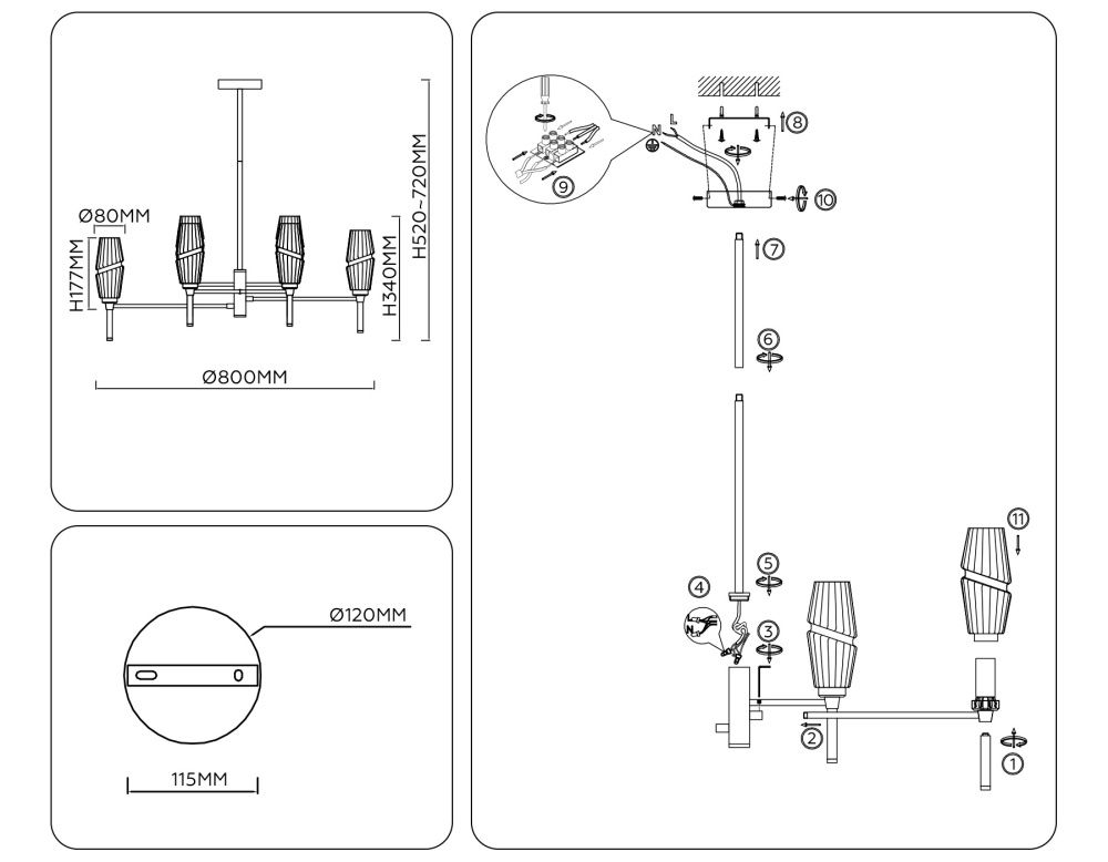 Люстра на штанге **52- см, 8*E14*40W, K, Ambrella Light High Light LH55202, латунь