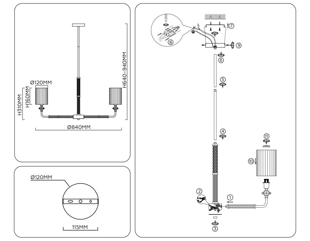 Люстра на штанге с абажурами **64- см, 7*E14*40W, K, Ambrella Light High Light LH71503, латунь