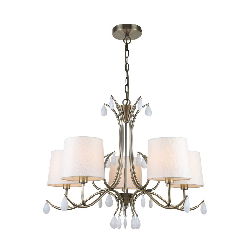 Подвесная люстра Favourite Castellum 2769-5P, D730*H520/1520, античная латунь, плафоны из ткани кремового цвета, декоративные элементы в виде хрустальных подвесок