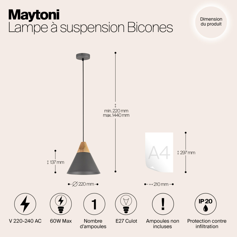 Подвесной светильник Maytoni Bicones P359-PL-220-C, диаметр 22 см, серый