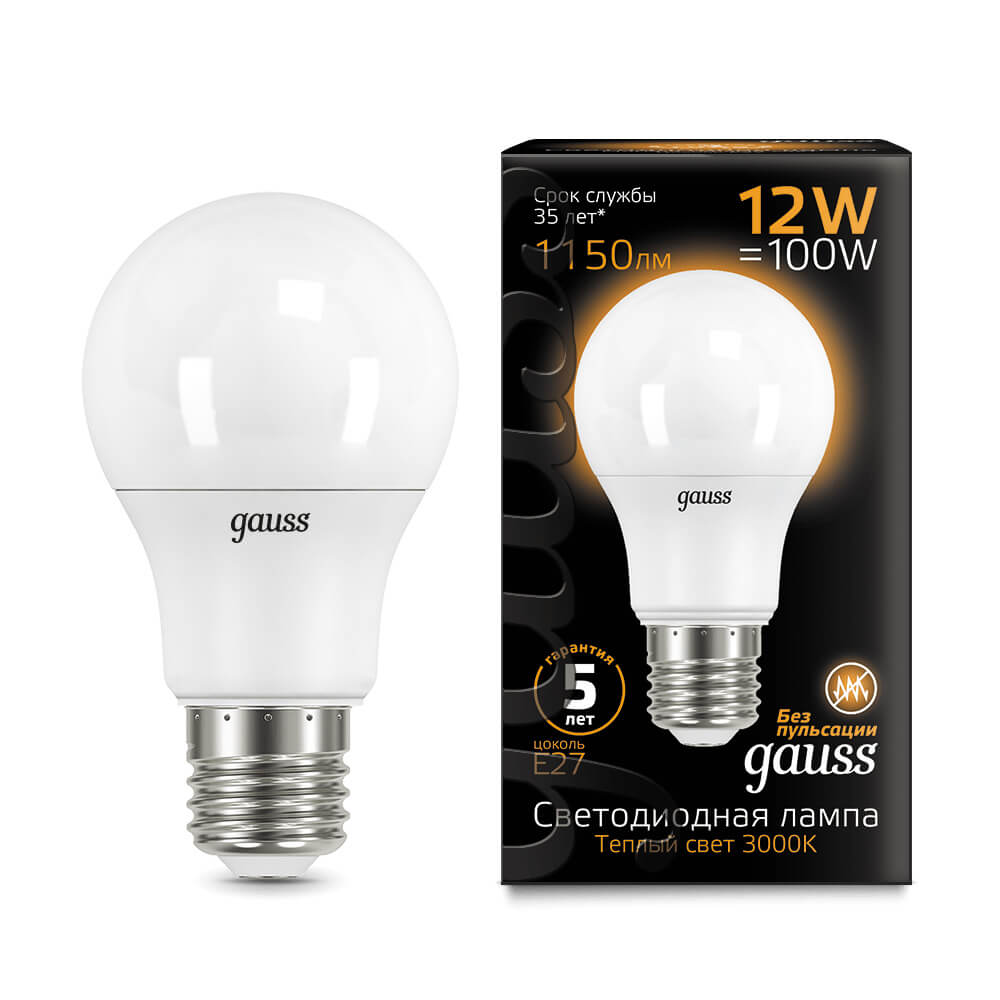 102502112 Лампа Gauss A60 12W 1150lm 3000K E27 LED 1/10/50