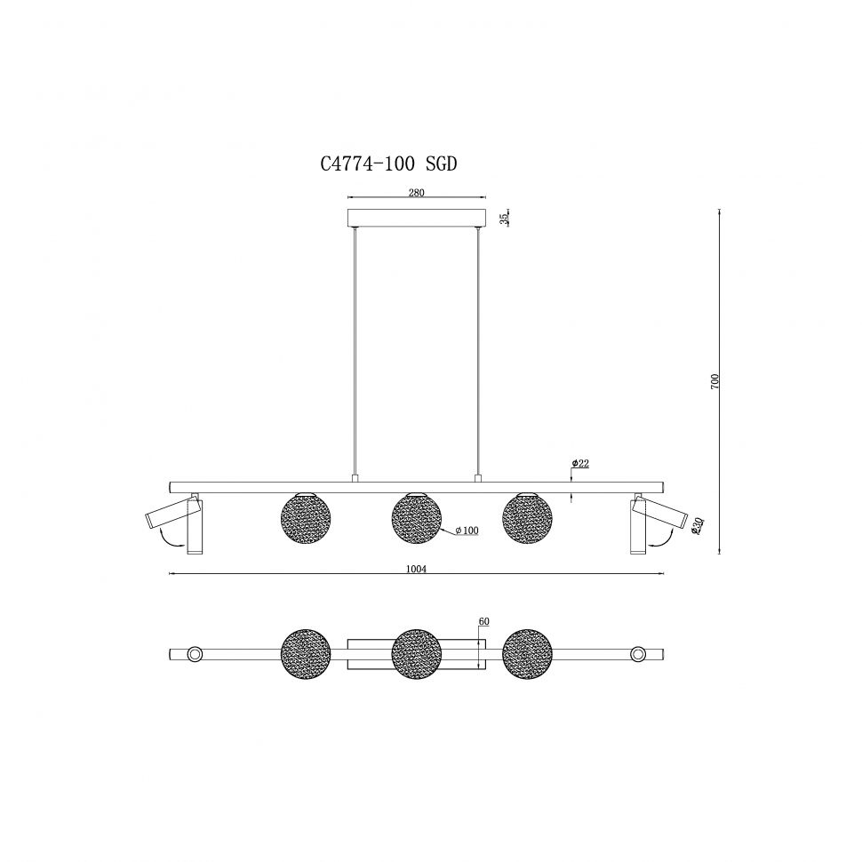 Подвесной светильник 100**15-150 см, LED*22W, 3000K, iLedex Telescope C4774-100 SGD, Золото