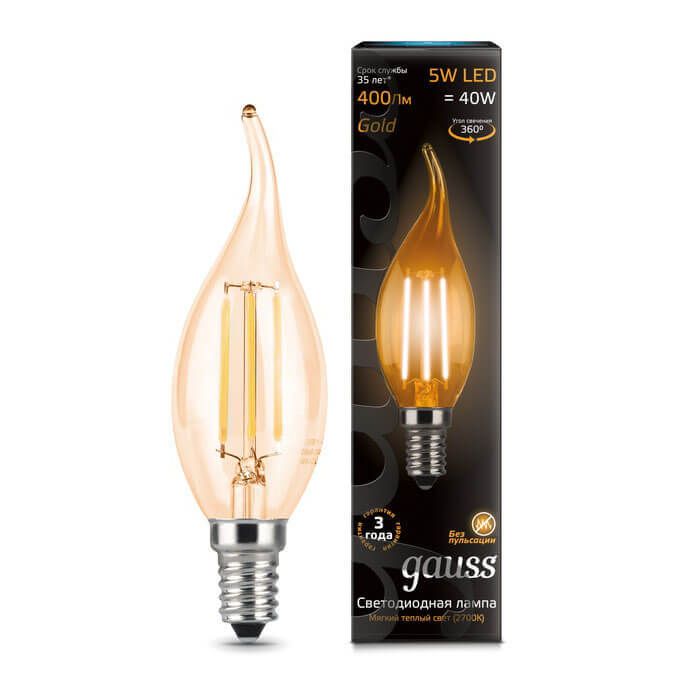 104801005 Лампа Gauss Filament Свеча на ветру 5W 400lm 2700К Е14 golden LED 1/10/50