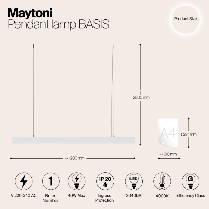 Подвесной светодиодный светильник 120 см Maytoni Vinder P051PL-L40W4K, 40W LED, 4000K, белый