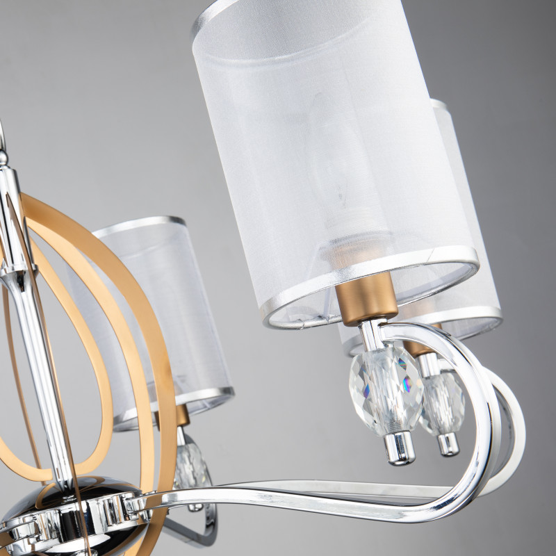 Подвесная люстра Favourite Stine 2705-6P, D650*H420/1420, каркас серебряного цвета и цвета латуни, абажур из полупрозрачной органзы с серебряной тесьмой, декоративные элементы выполнены из прозрачного хрустал