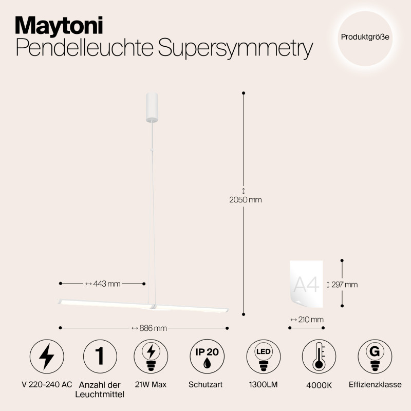 Подвесной светильник  4*4*88,6 см, LED 1 21W, 4000К, Белый Maytoni Supersymmetry P096PL-L11WK1